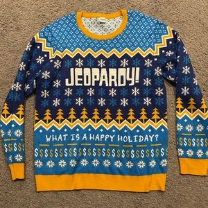 Jeopardy Vintage Ugly Christmas Sweater Shirt Top Blue Wool Mens sz L Xmas Party
